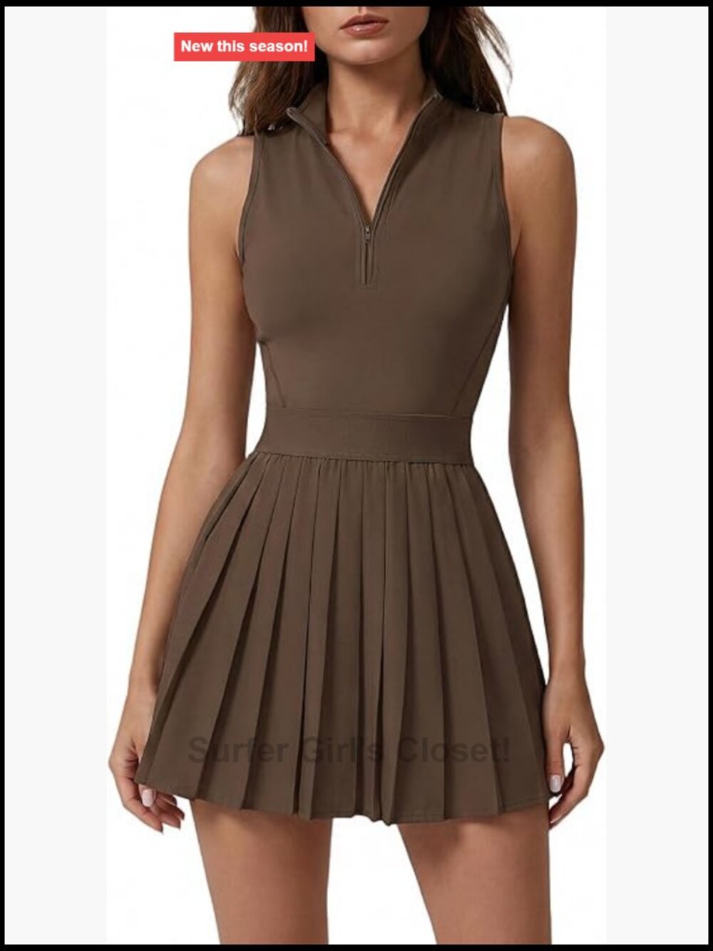 Women's Zip Front Tennis Dress High Neck Pleated Sleeveless Two Piece Athletic